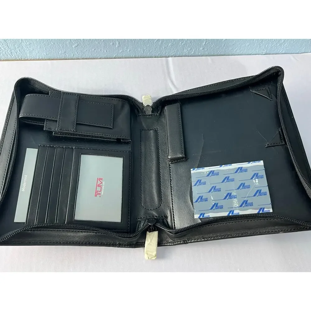 Tumi Black Leather Zip Around Travel Organizer Planner Passport Holder Folio